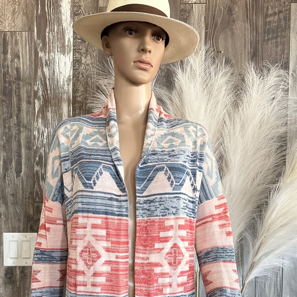 Sun & Shadow Aztek Boho printed pastel open cardigan Western Shirt Vest Blouse - Picture 2 of 4